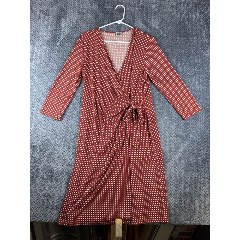 Anne Klein Wrap Dress Women Large White Salmon Polka Dot Surplice Neck Tie Front